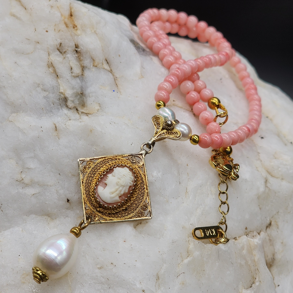 Antique Cameo Genuine Alghero Coral Freshwater Pearl Silver 14k Gold Filled